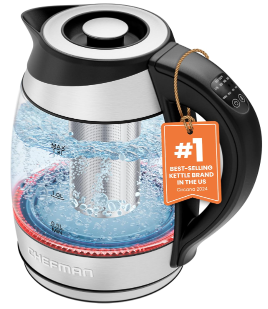 Chefman Electric Kettle with Temperature Control, 5 Presets LED Indicator Lights, Removable Tea Infuser, Glass Tea Kettle & Hot Water Boiler