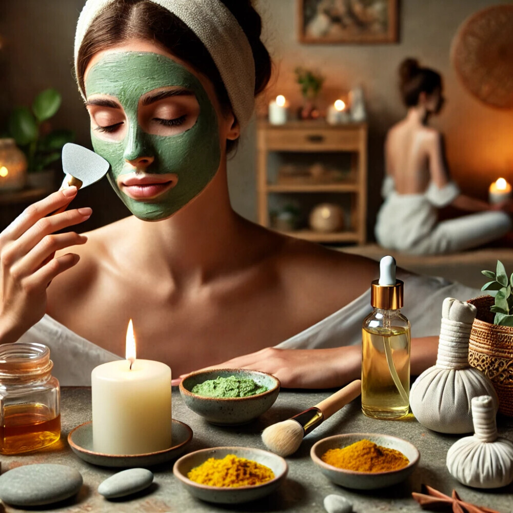 A serene, spa-like setting featuring a person practicing holistic skincare using uncommon methods