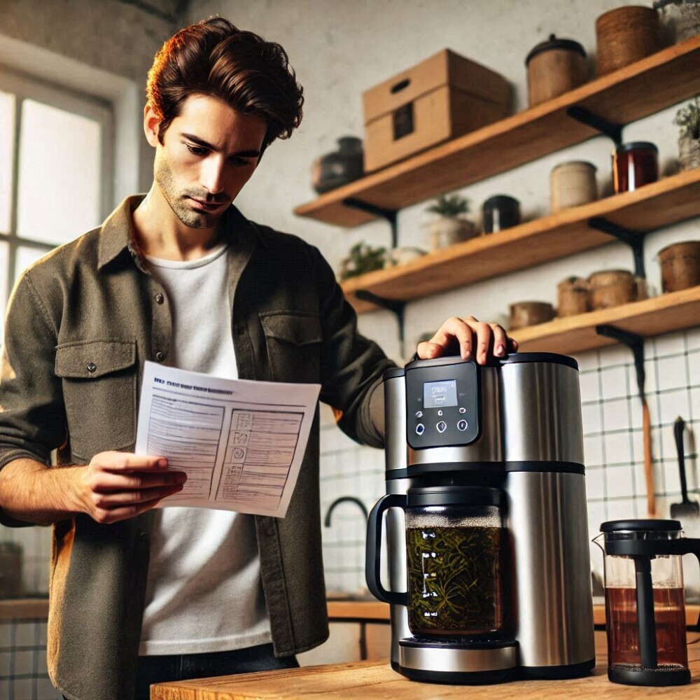  a man standing next to a smart tea brewer, reading a instructions manual