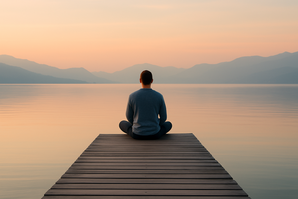 a calm person watching a very calm lake