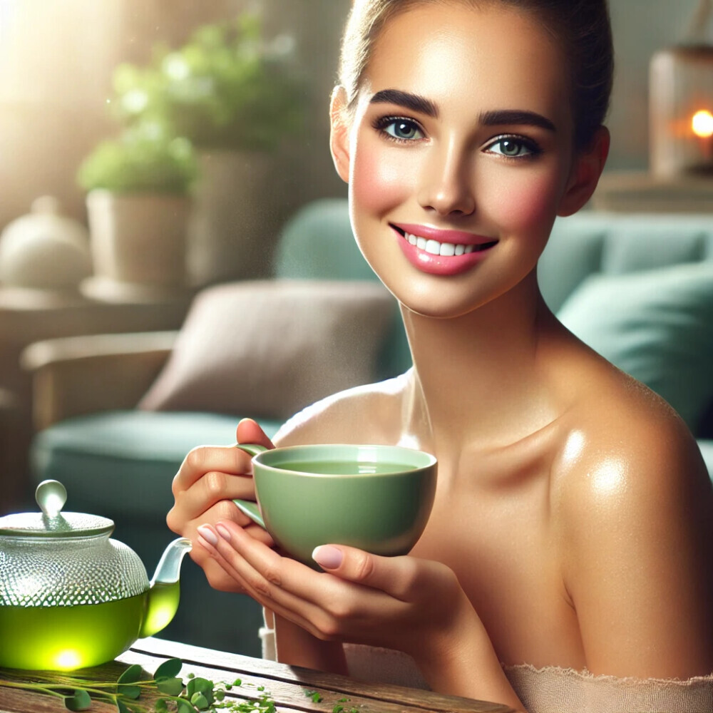 A serene scene of a woman with radiant, healthy skin enjoying a cup of green tea