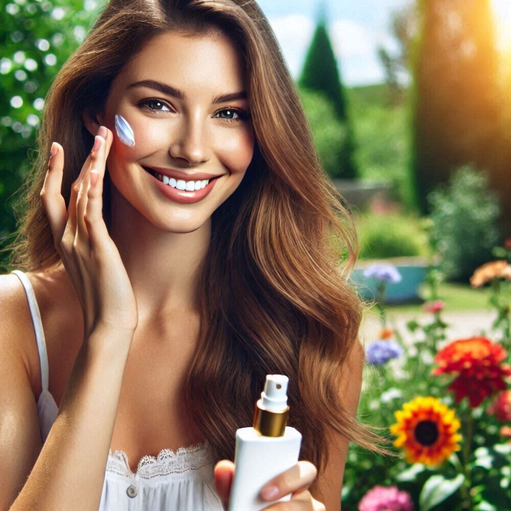 a beautiful woman applying sunscreen on her face before going out