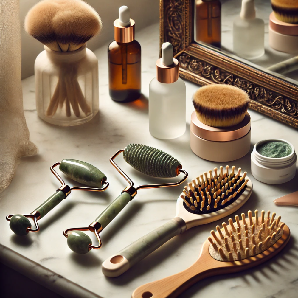 A visually appealing flat lay of various beauty tools on a stylish vanity