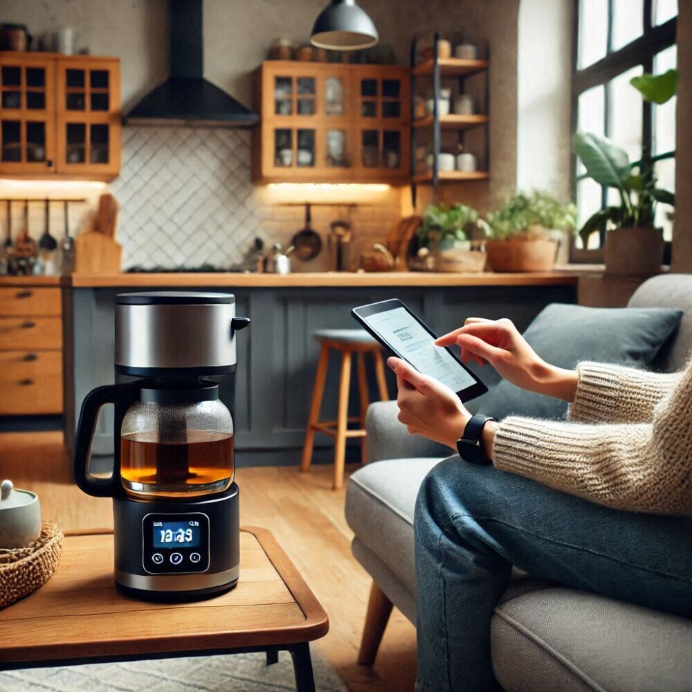 A cozy living room with a person controlling a tea brewer through a tablet while sitting on a couch.