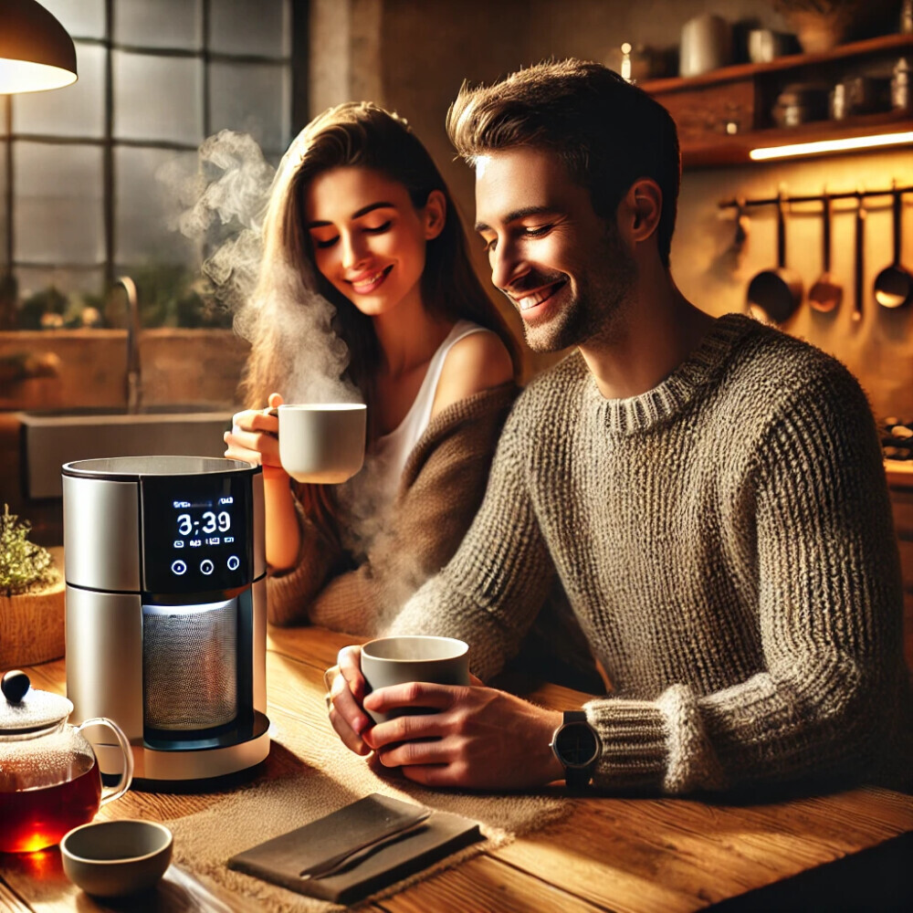 a cozy couple sitting near a smart tea brewer, enjoying black tea.