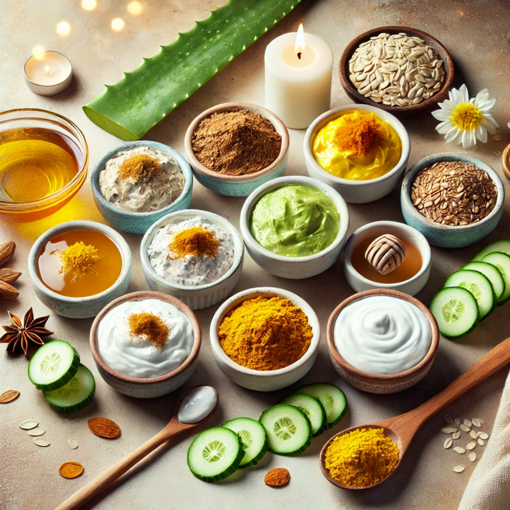 A beautifully arranged DIY face mask setup featuring different natural face masks in small bowls. 