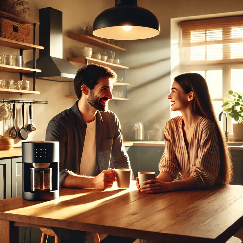 A cozy modern kitchen setting during a sunny morning, featuring a smart tea brewer on the counter