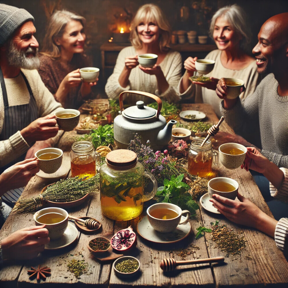 A cozy and inviting scene of herbal tea lovers enjoying their favorite brews