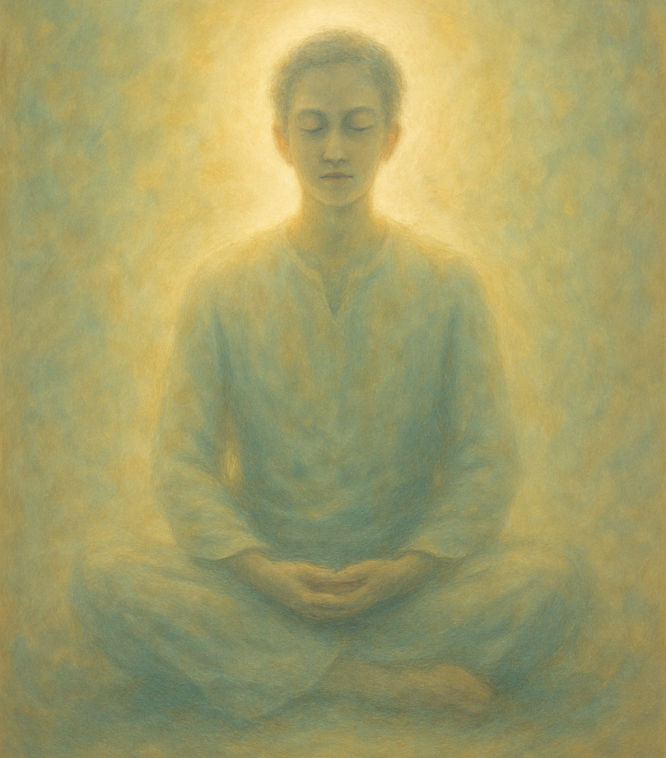 Person Sitting Still with Eyes Closed, Light Around Head or Body