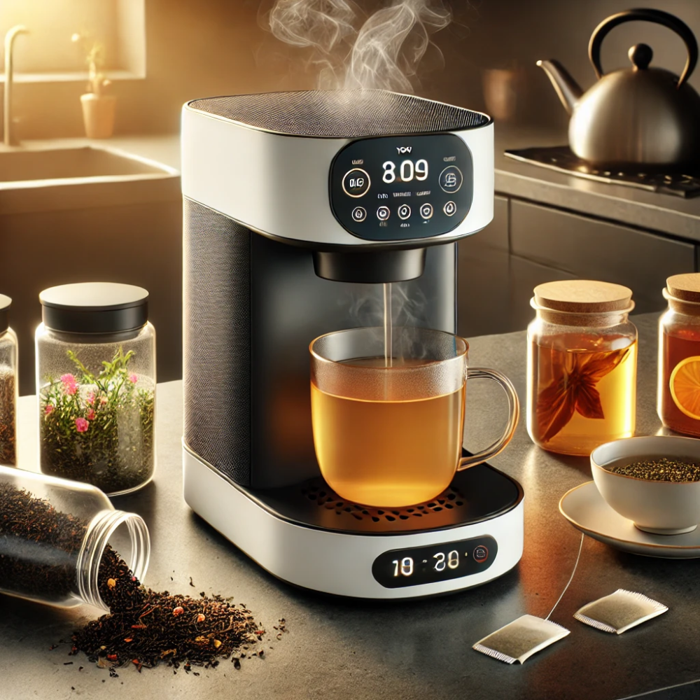 A modern smart tea brewer on a sleek kitchen countertop, surrounded by various types of tea (loose leaves, tea bags, and herbal infusions)