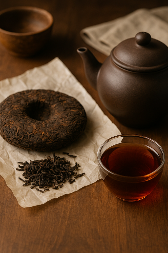 pu-erh cake, leaves, tea in a glass and teapot