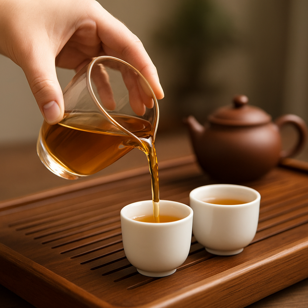 Fairness pitcher pouring tea into tasting cups during Gongfu session