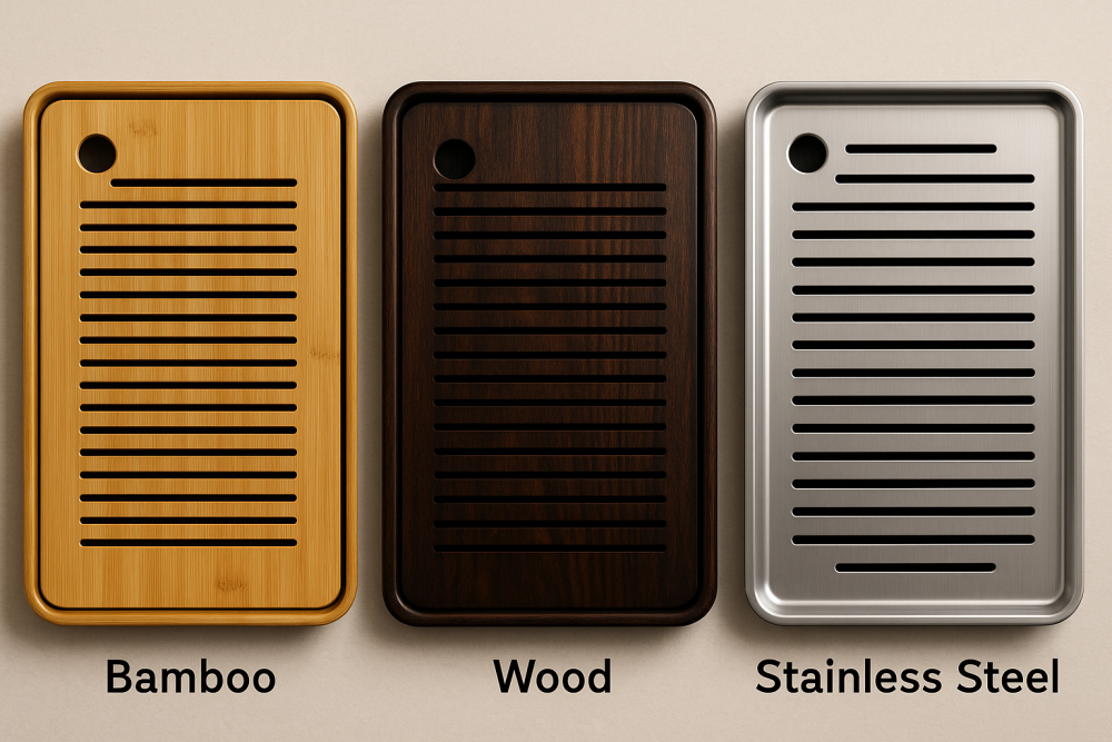Comparison of bamboo, wood, and stainless steel Gongfu tea trays