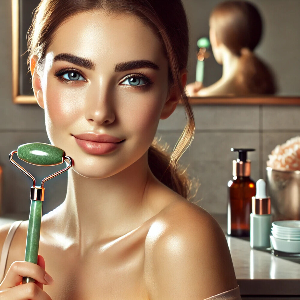 A beautiful woman with clear, glowing skin using a jade roller on her face