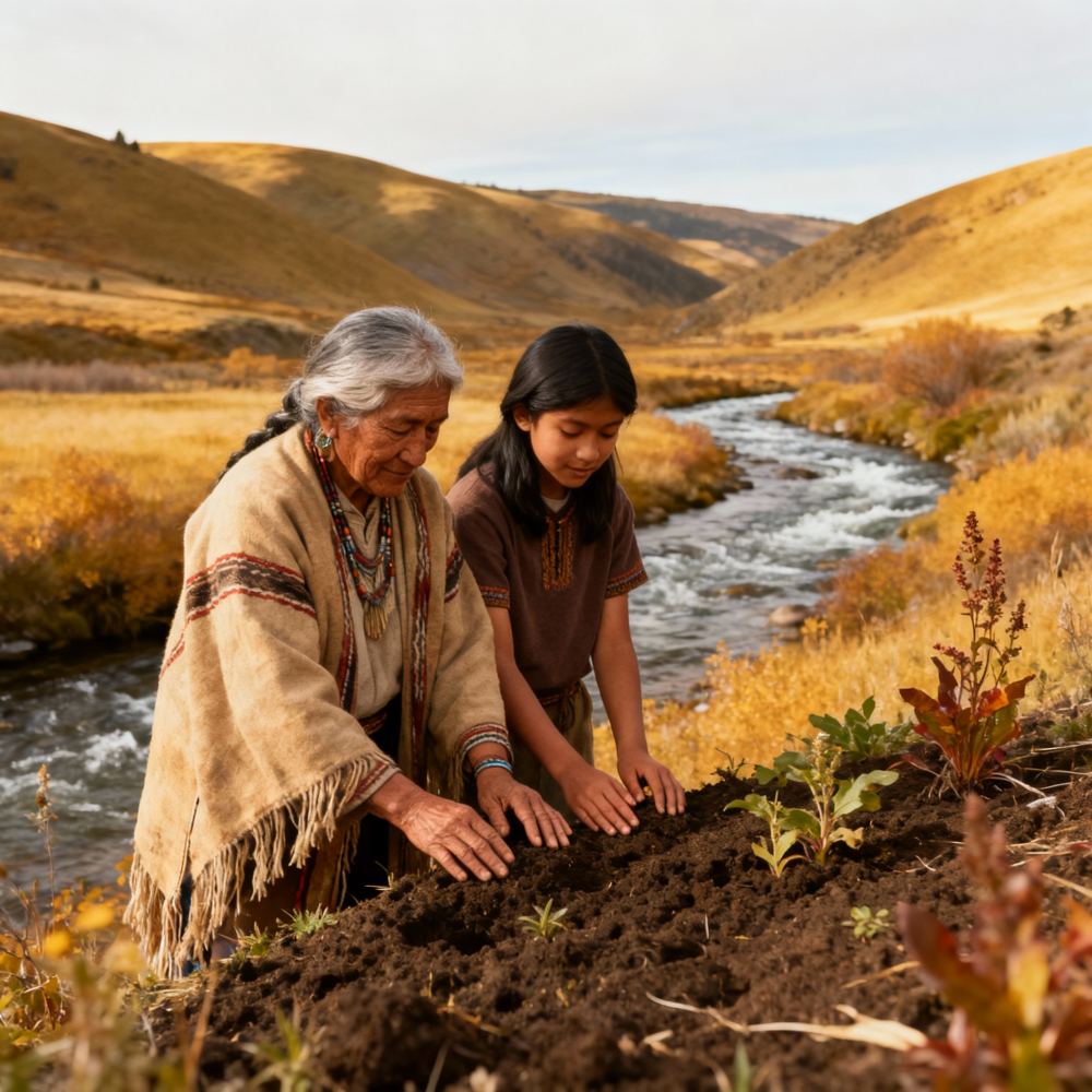 Indigenous elder and young person connect with the land, honoring nature’s cycles and traditional ecological wisdom