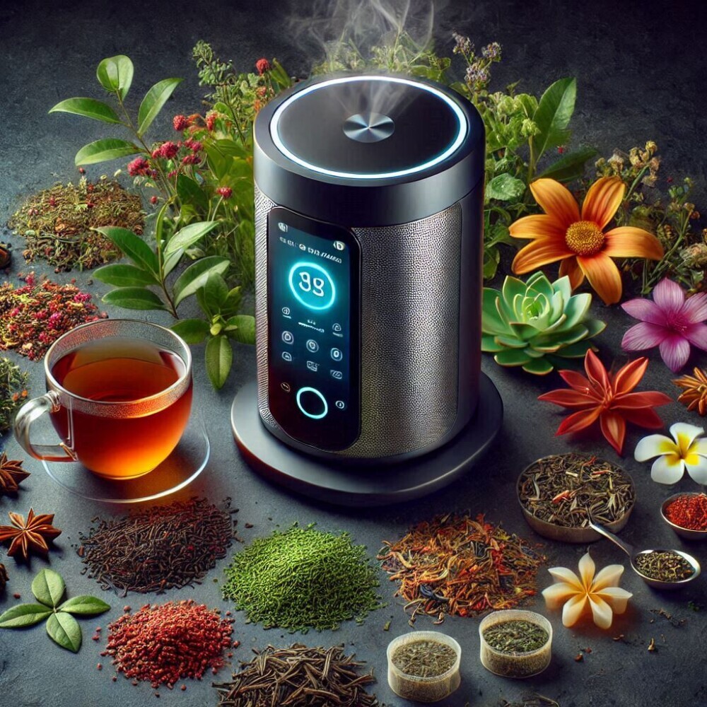 tea brewer, tea leaves and flowers