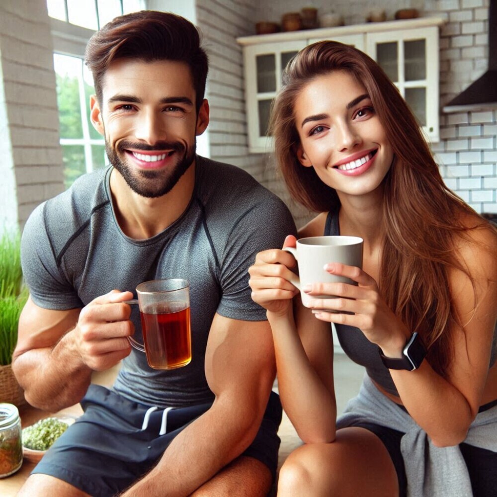 healthy and good looking couple enjoying drinking tea