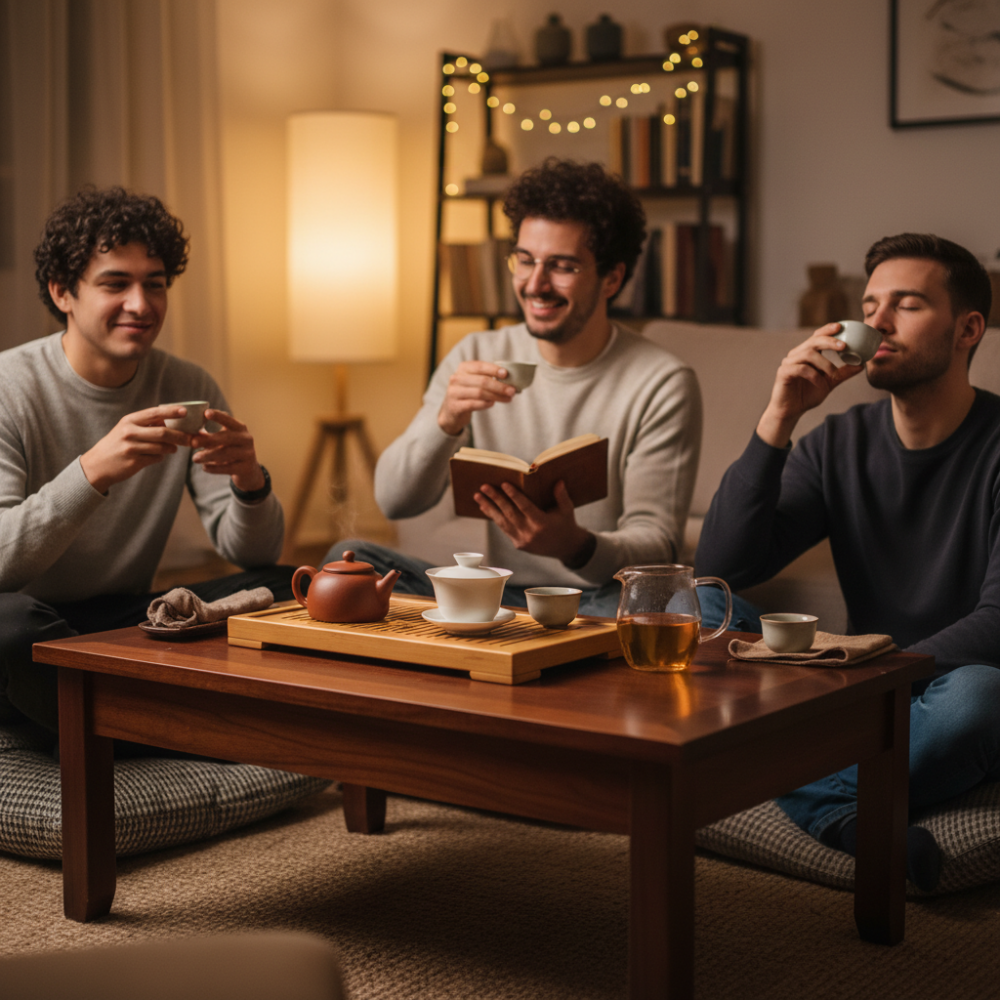 friends enjoying gongfu session with shu pu'erh tea