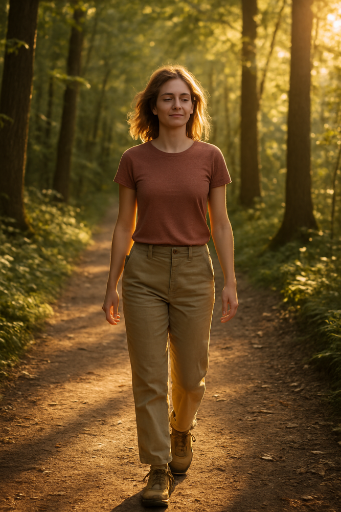 A young woman walking peacefully along a sunlit forest path, surrounded by trees and golden light, symbolizing flow, presence, and resilience