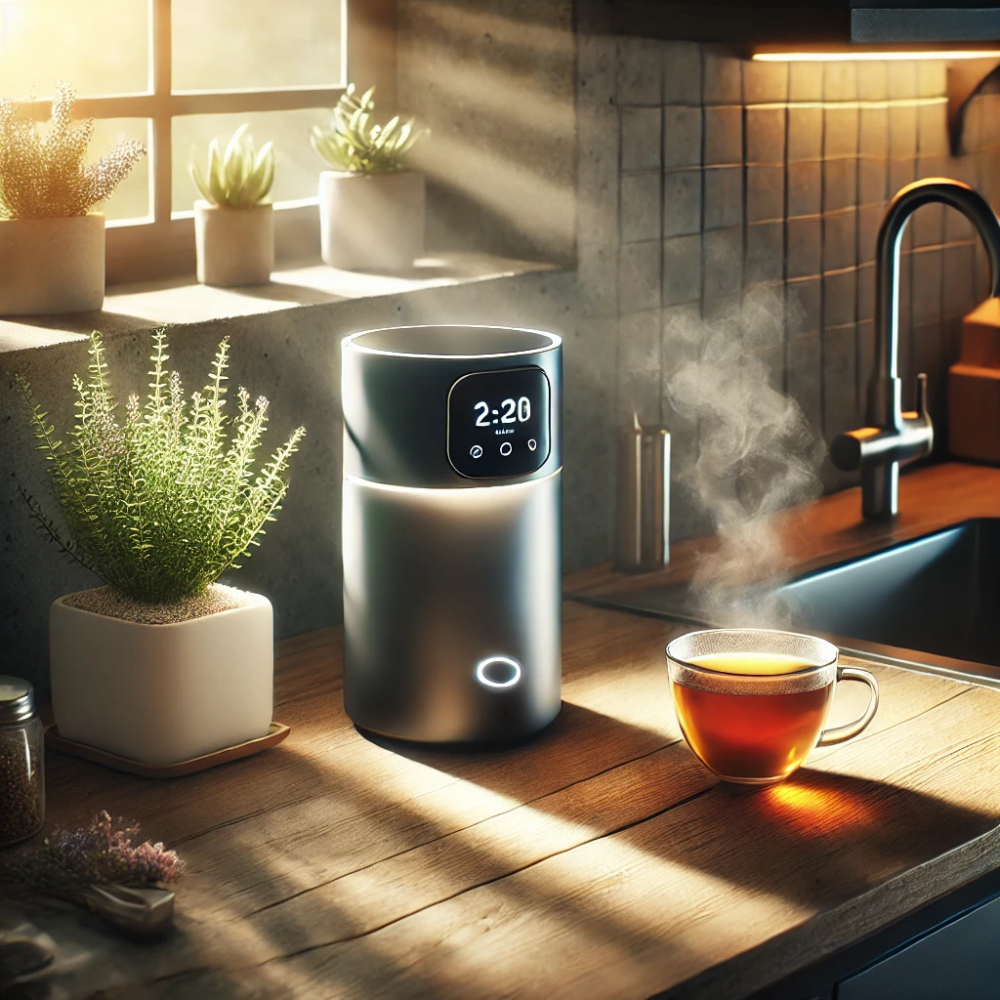 A cozy modern kitchen setting during a sunny morning, featuring a smart tea brewer on the counter