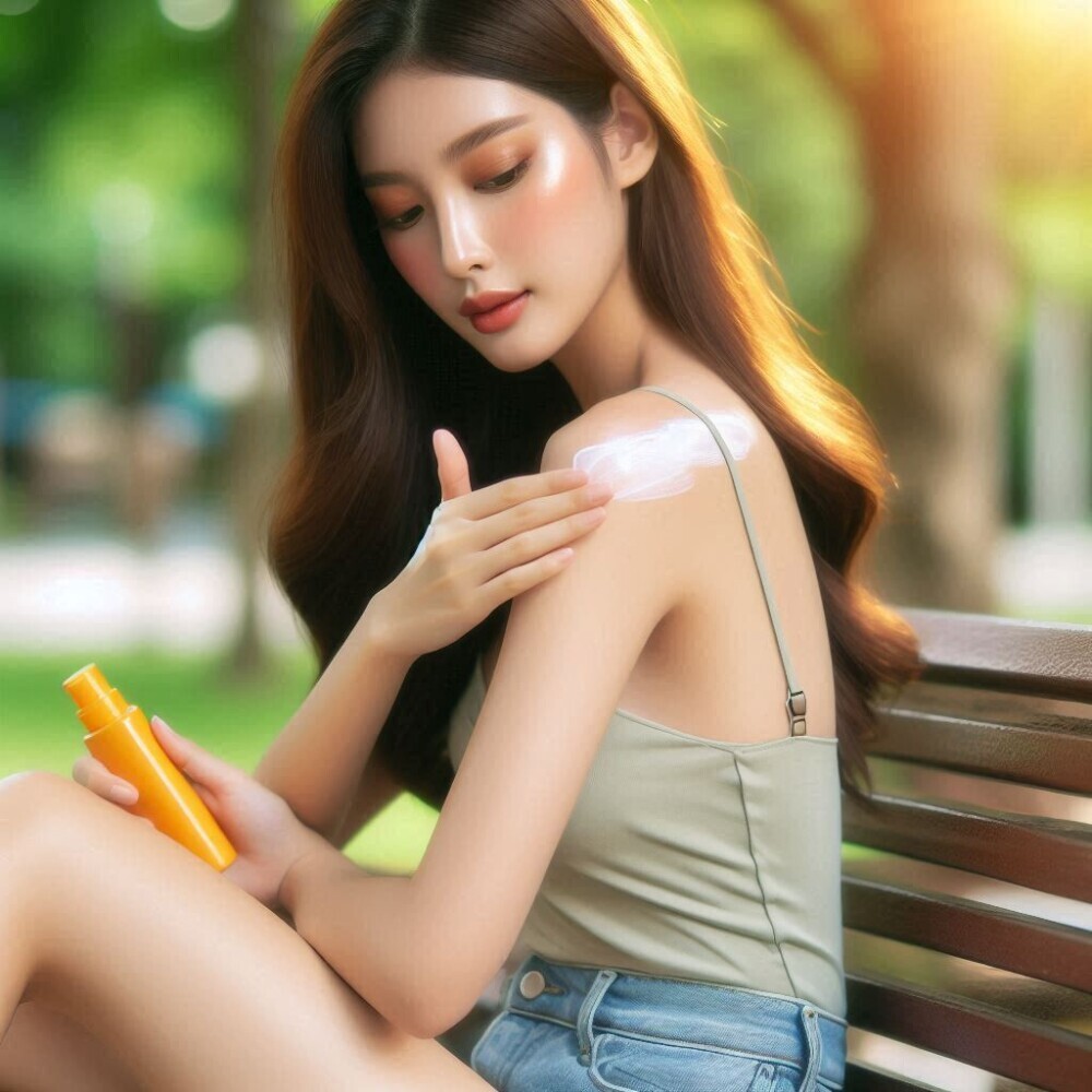 A young woman sitting on a bench in the park applying sunscreen on her shoulders