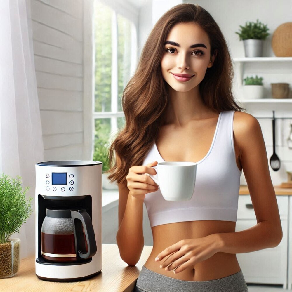 a woman with a cup of tea standing next to a smart tea brewer