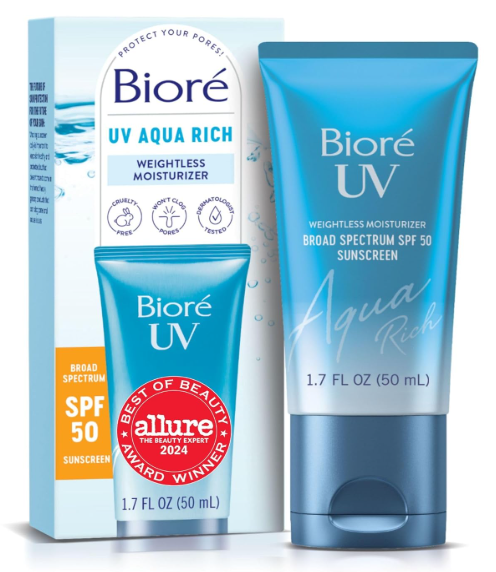  Biore UV Aqua Rich Daily Hydrating Facial Moisturizer with SPF 50 | Oil Free Sunscreen & Primer for Makeup with Hyaluronic Acid