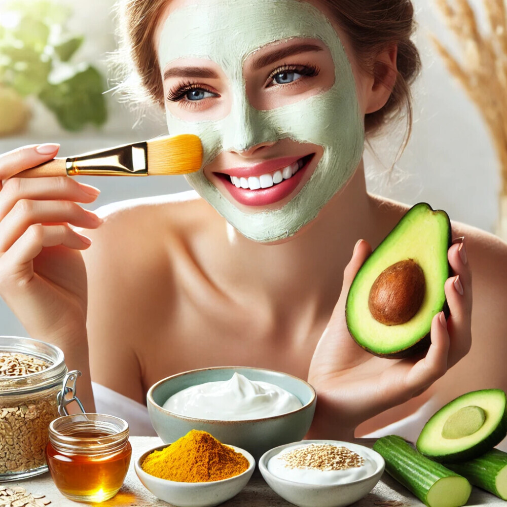 A woman with glowing, healthy skin applying a DIY face mask made from natural ingredients