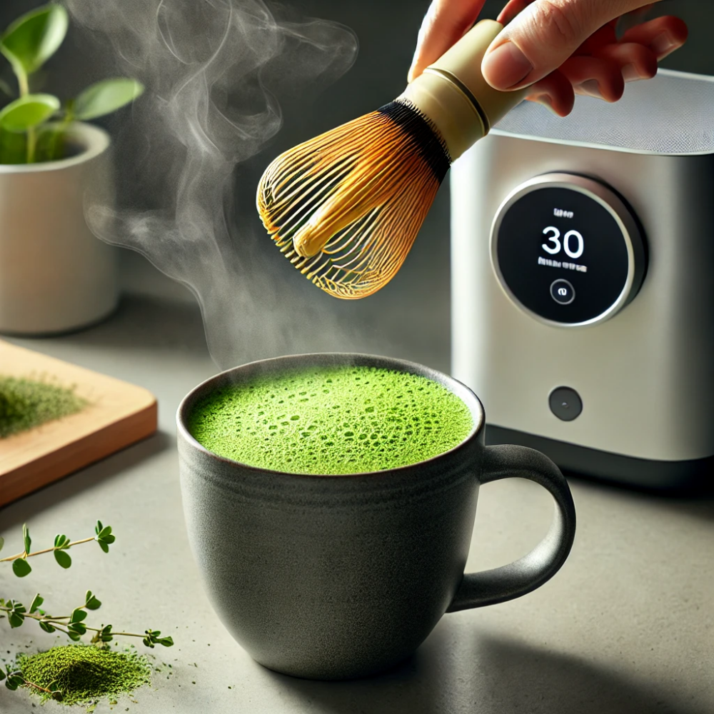 A close-up of a cup of matcha tea in a modern ceramic cup, freshly brewed from a smart tea brewer