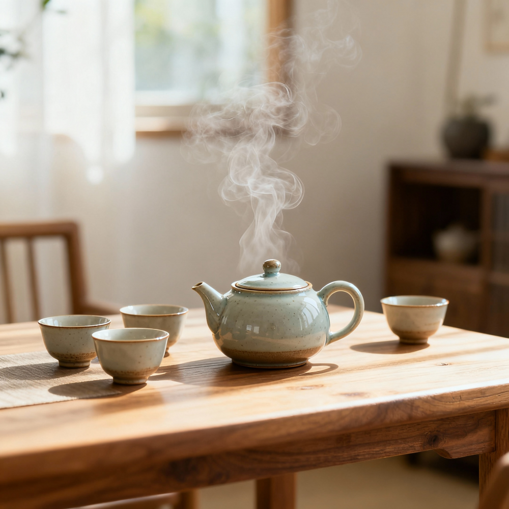 tea pot with cups on the table