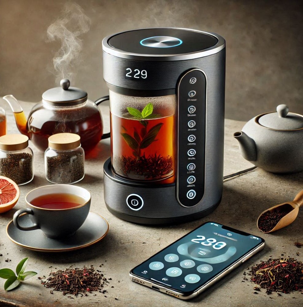 A sleek smart tea brewer on a kitchen counter, surrounded by tea leaves, a teacup, and a smartphone showing a brewing app interface.