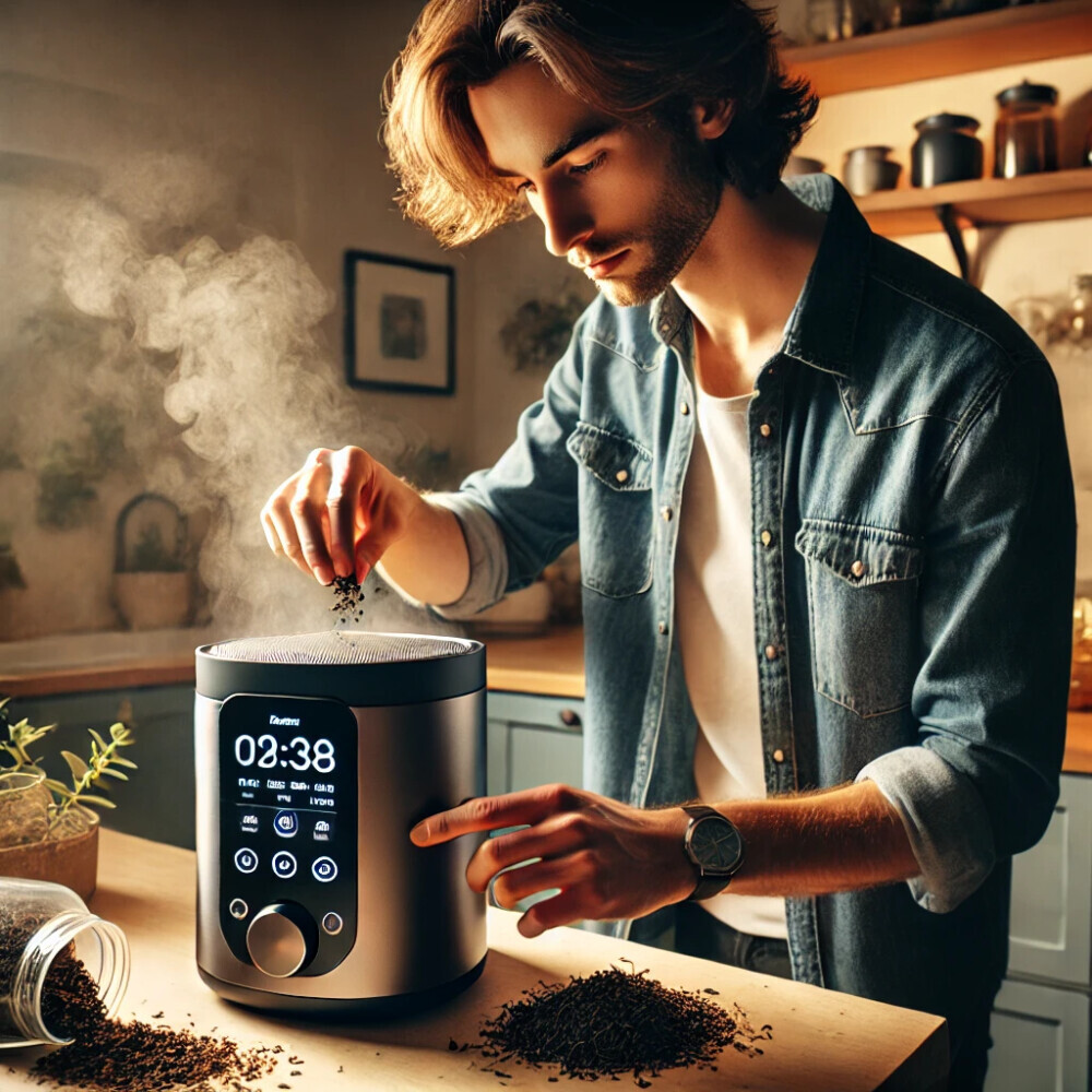 A person carefully adding loose tea leaves into a modern smart tea brewer with a sleek digital display