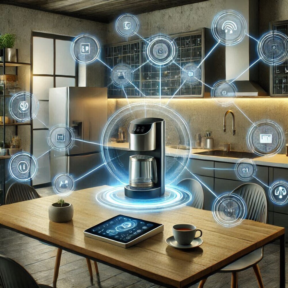 A futuristic kitchen with multiple smart devices, including a tea brewer, all connected to a central hub