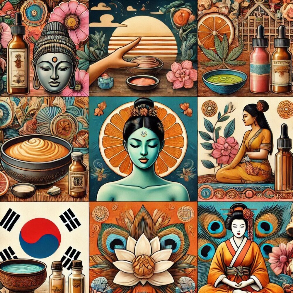 A collage of traditional beauty rituals from different cultures