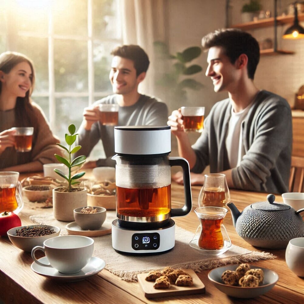 people enjoying tea with a smart tea brewer on the table