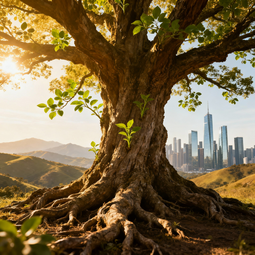 Ancient tree with deep roots and fresh green leaves, symbolizing the growth of modern life from timeless wisdom