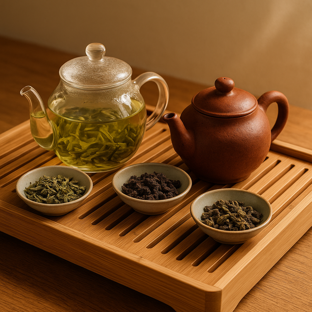 🔸 5a glass and clay teapot side-by-side with loose leaf tea samples and a Gongfu tray.