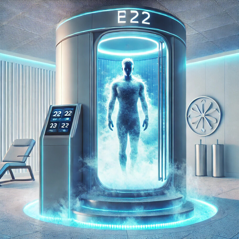 A futuristic cryotherapy chamber emitting a cool, icy blue glow