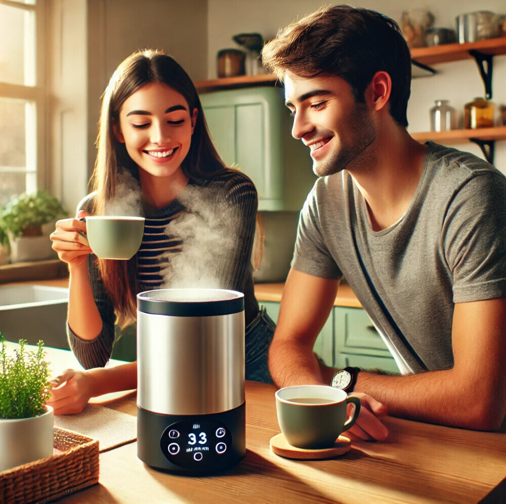 a couple enjoying tea with a smart tea brewer on the table