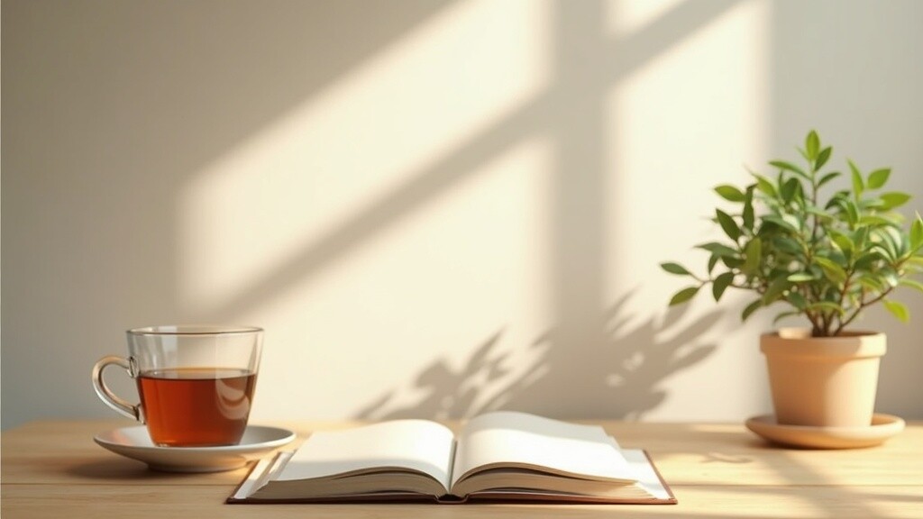 a book, a cup of tea and a plant on the desk