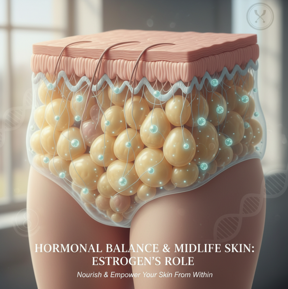 image showing estrogen molecules visually connecting to skin cross-section layers and fat cells, with a subtle illustration of cellulite texture on hips or thighs