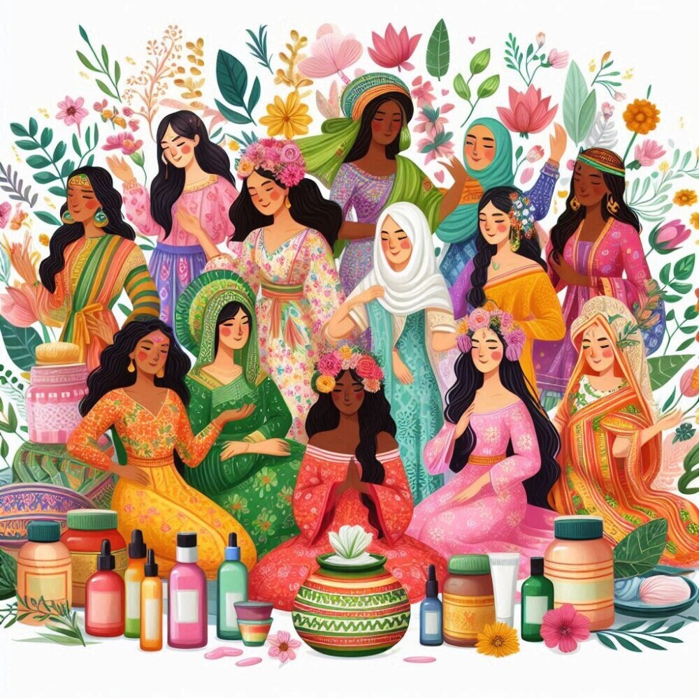 An illustration of a group of women from diverse cultures celebrating their traditional beauty practices