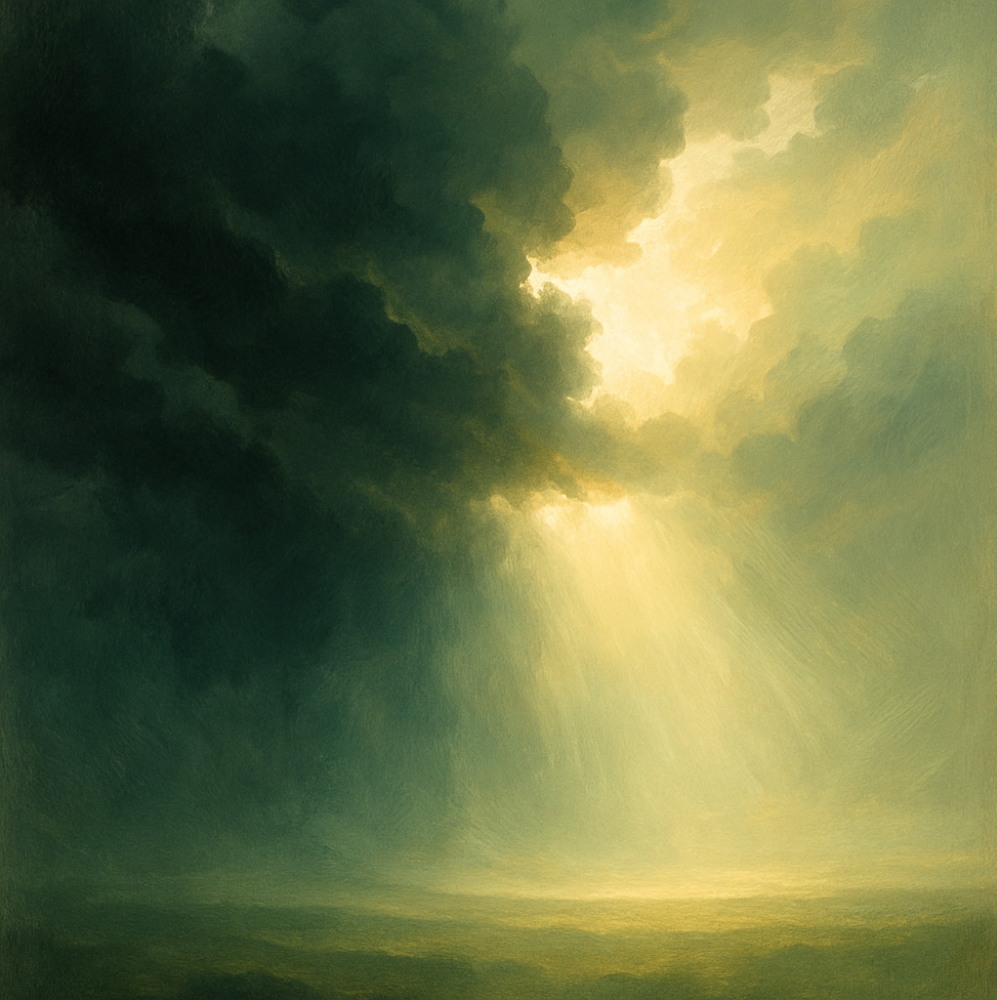 Dark storm clouds parting to reveal sunlight 