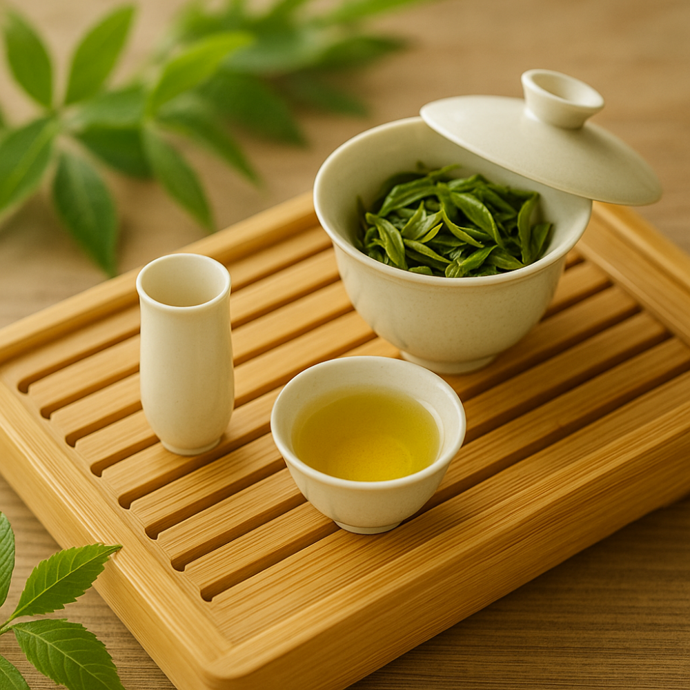 Winter Gongfu tea setup with dark wood tray and clay teapo