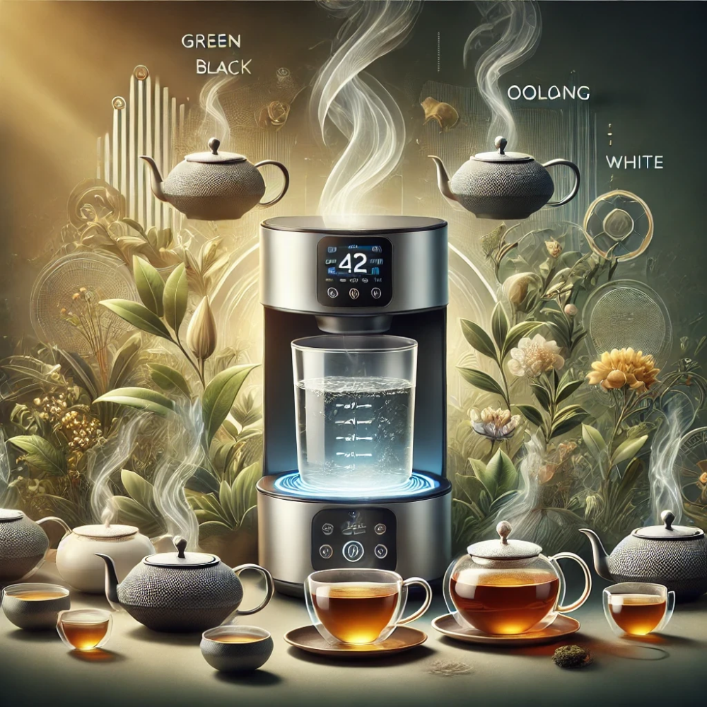 a modern smart tea brewer with a digital temperature display.