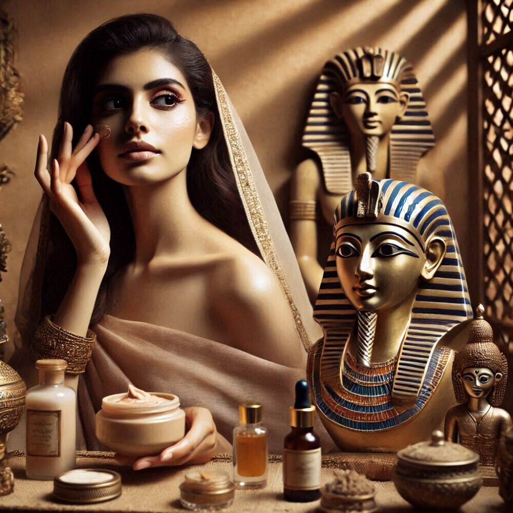 A woman in an ancient Egyptian-inspired setting, applying natural skincare products with a backdrop of historical beauty artifacts and warm desert tones