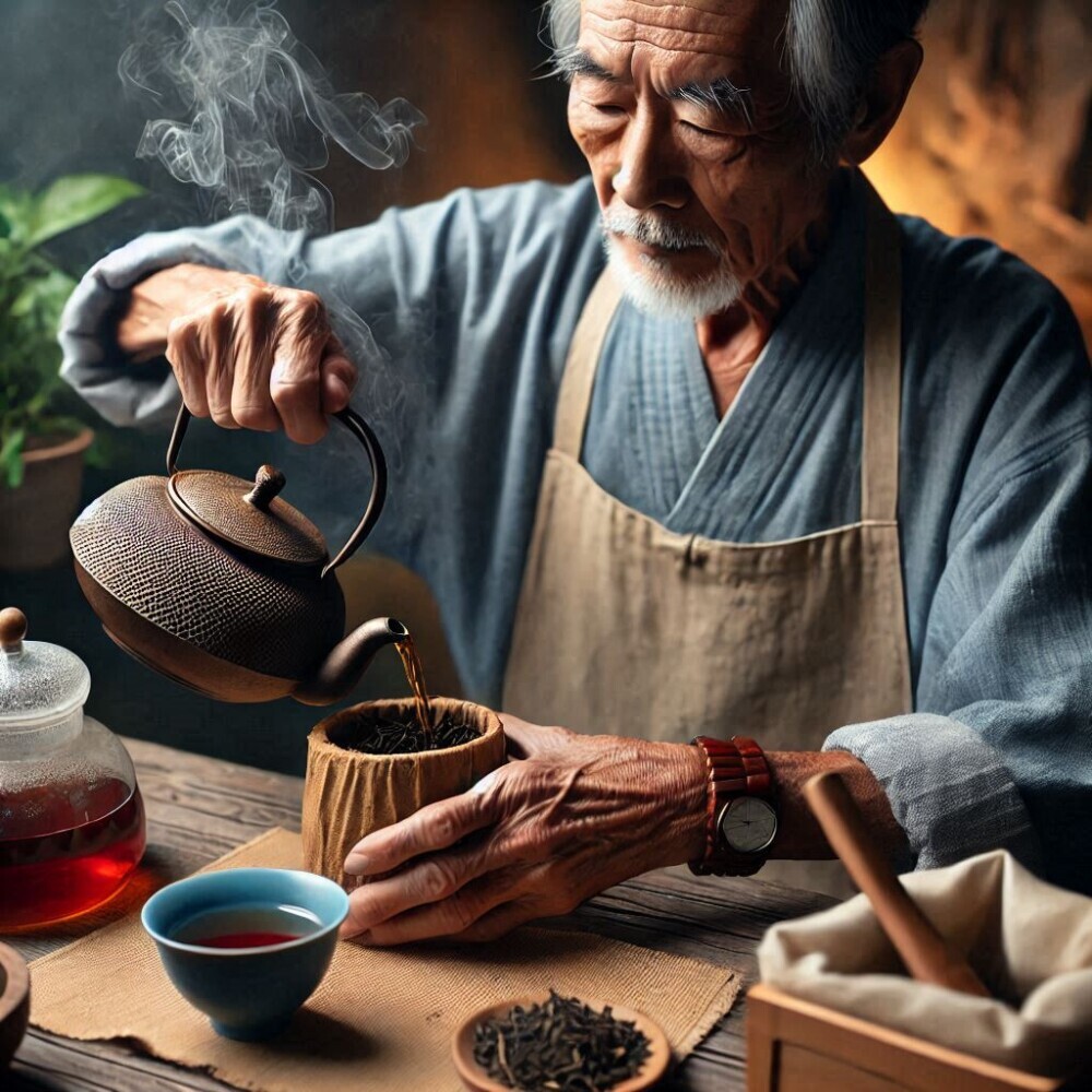 an asian man is brewing pu-erh tea in a traditional way