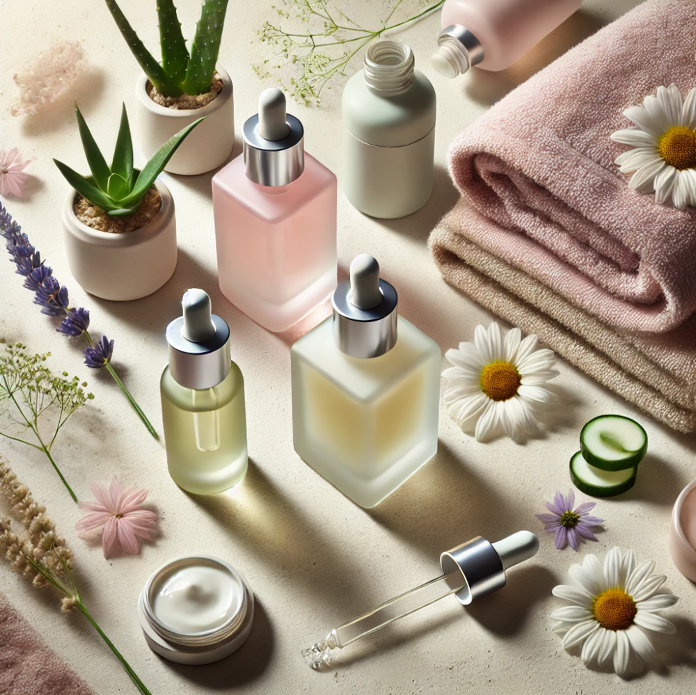 A visually appealing flat lay of skincare products focusing on anti-aging serums for sensitive skin