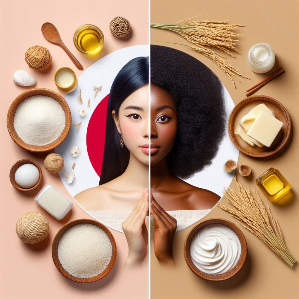 two women from different cultures—one practicing a Japanese beauty routine with rice powder and the other in an African setting using shea butter for skincare