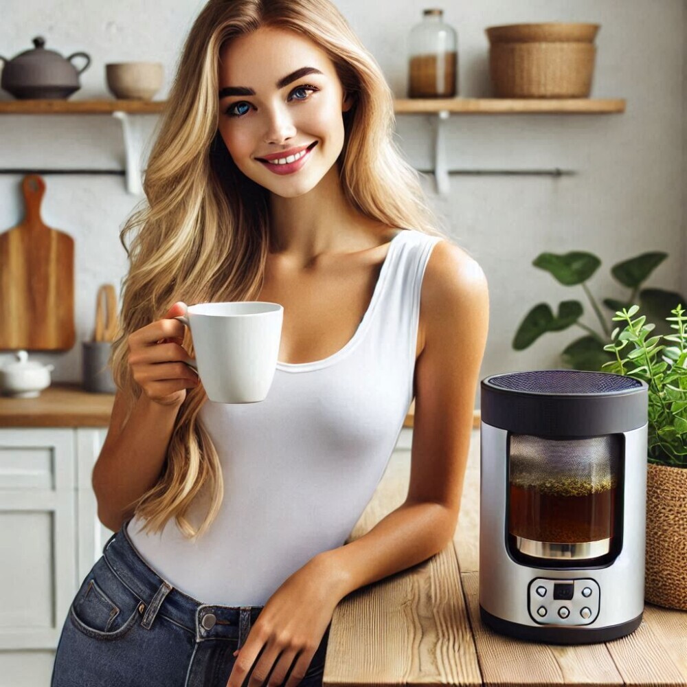 a healthy looking woman drinking a cup of tea standing next to a smart tea brewer